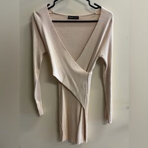 New Beige Ribbed V-Neck Dress